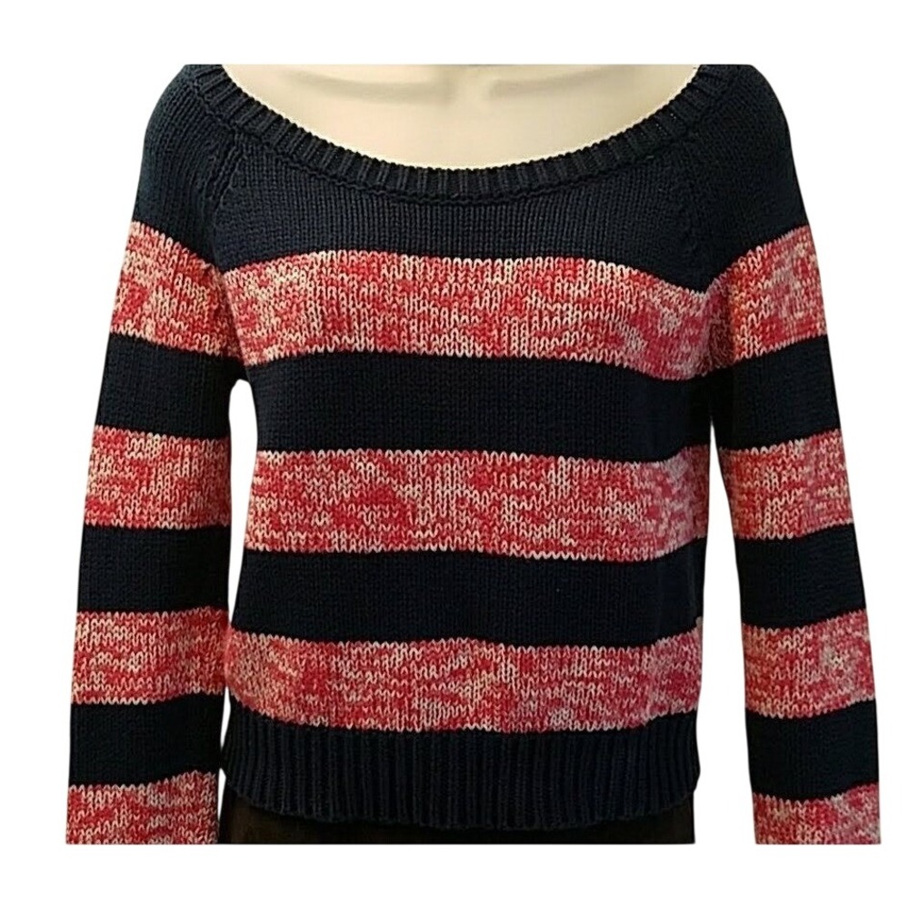 American Eagle Women Navy Red Striped Chunky Knit Y2K Sweater S Preppy Patriotic